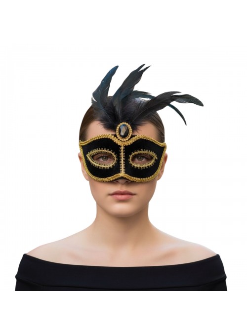 Máscara Encanto Preta E Dourada Com Penas Carnaval