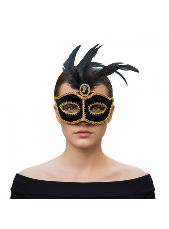 Máscara Encanto Preta E Dourada Com Penas Carnaval