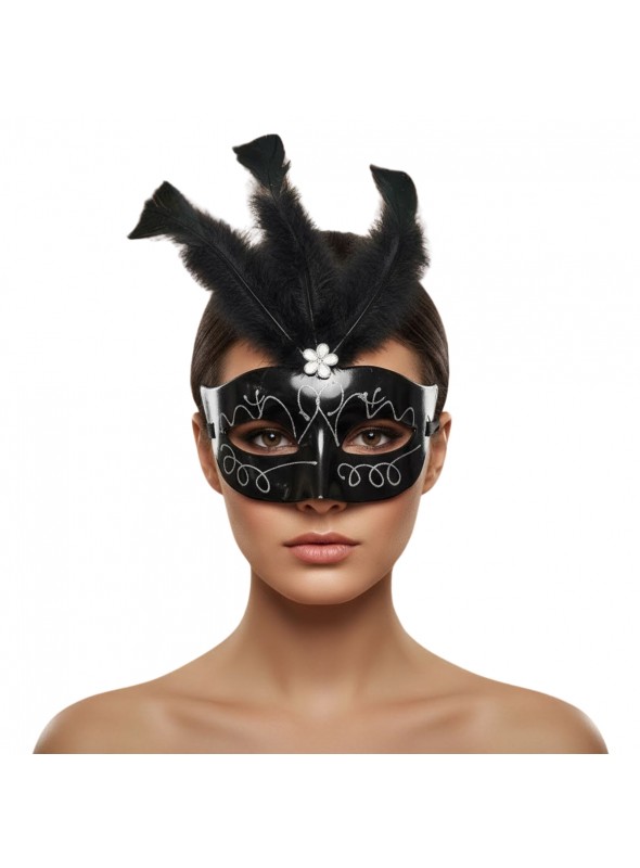 Máscara De Carnaval Veneziana Preta Com Penas Carnaval