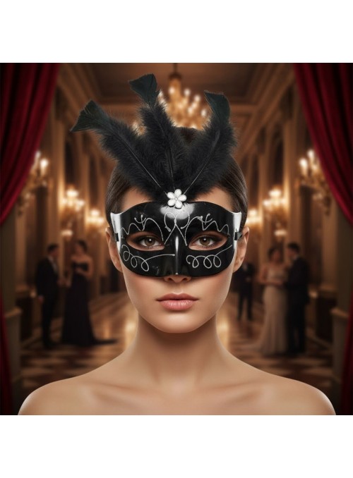 Máscara De Carnaval Veneziana Preta Com Penas Carnaval