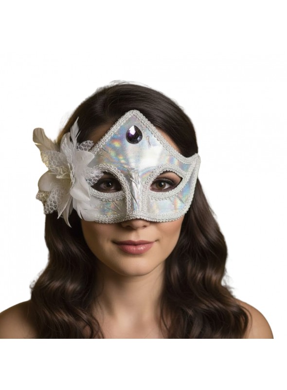 Máscara de Festa Branca Metalizada com Flor Adereços de Carnaval