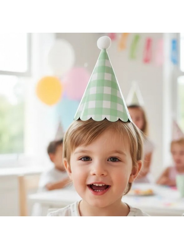 Chapéu de Aniversário Chapeuzinho Xadrez Verde Menta Mesa Festa 5 Unidades