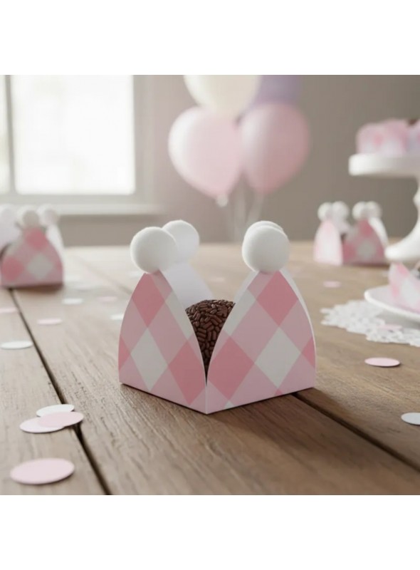 Forminhas para Doces Xadrez Rosa com Pompom Mesa Festa 20 Unidades