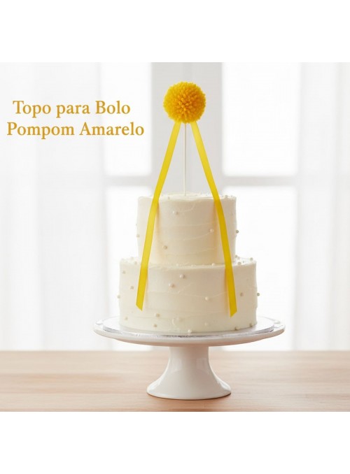 Topo de Bolo Pompom Fitilhos Amarelo Quindim