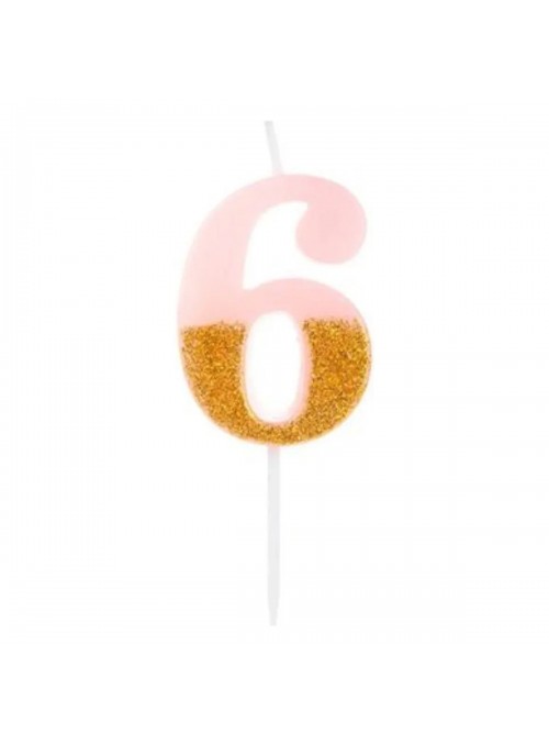 Vela De Aniversário Número 6 Rosa Com Glitter Dourado 8,5cm
