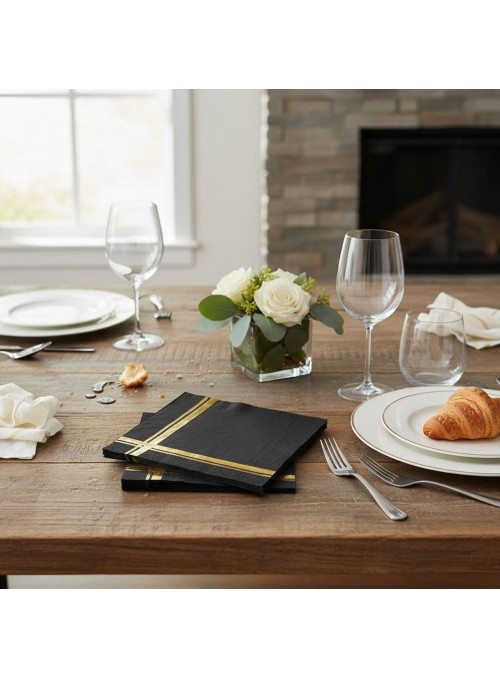 Guardanapo de Papel Preto Listras Dourada 32cm x 32cm 20 Unidades