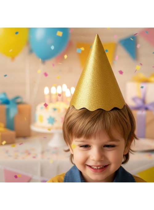 Chapéu de Aniversário Papel Dourado Metalizado Glitter Silver Festas 8 Unidades