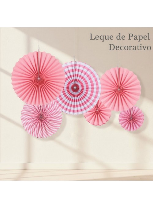 Leque de Papel Decorativo Rosa Claro Kit 6 Unidades