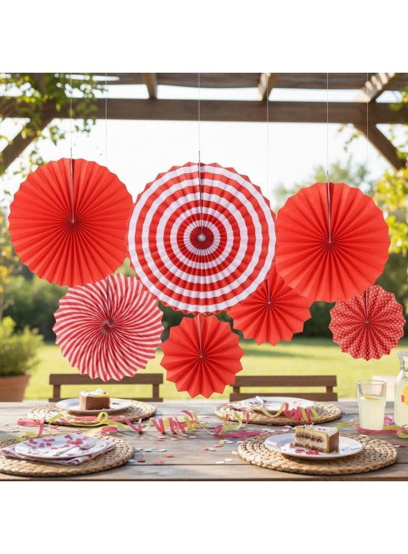 Leque de Papel Decorativo Vermelho Kit 6 Unidades