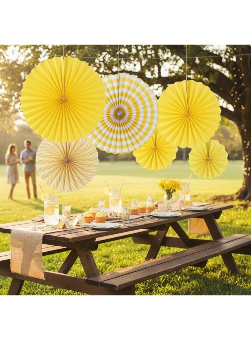 Leque de Papel Decorativo Amarelo Kit 6 Unidades