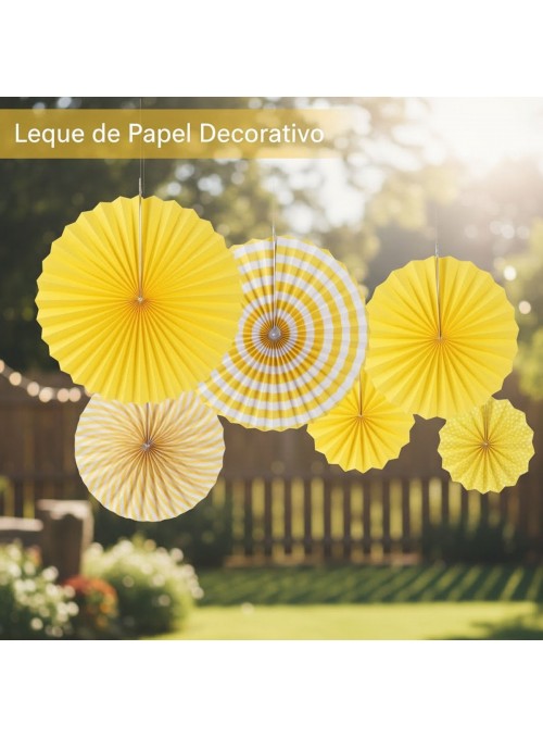 Leque de Papel Decorativo Amarelo Kit 6 Unidades