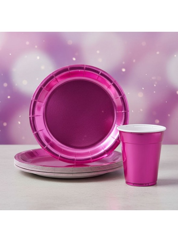 Prato e Copo de Papel Rosa Pink Metalizado Holográfico 8 Unidades de Cada