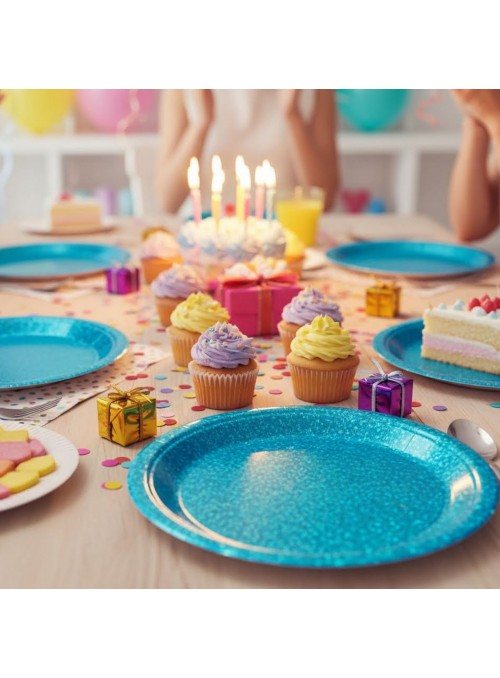 Prato de Papel Azul Metalizado Holográfico 18cm de Diâmetro 8 Unidades
