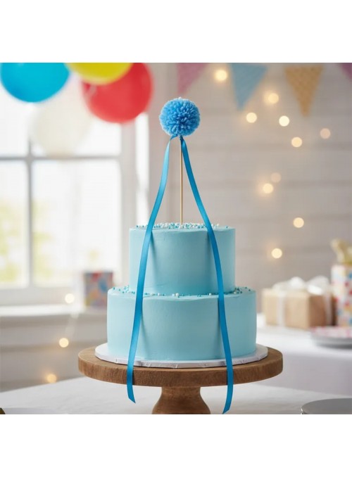 Topo de Bolo Pompom Fitilhos Azul Mar