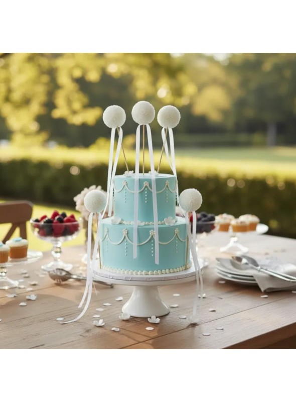 Topo de Bolo Pompom Fitilhos Baunilha