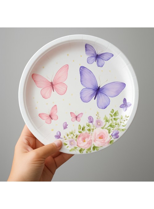 Prato E Copo De Papel Jardim das Borboletas 8 Pratos 8 Copos Descartáveis