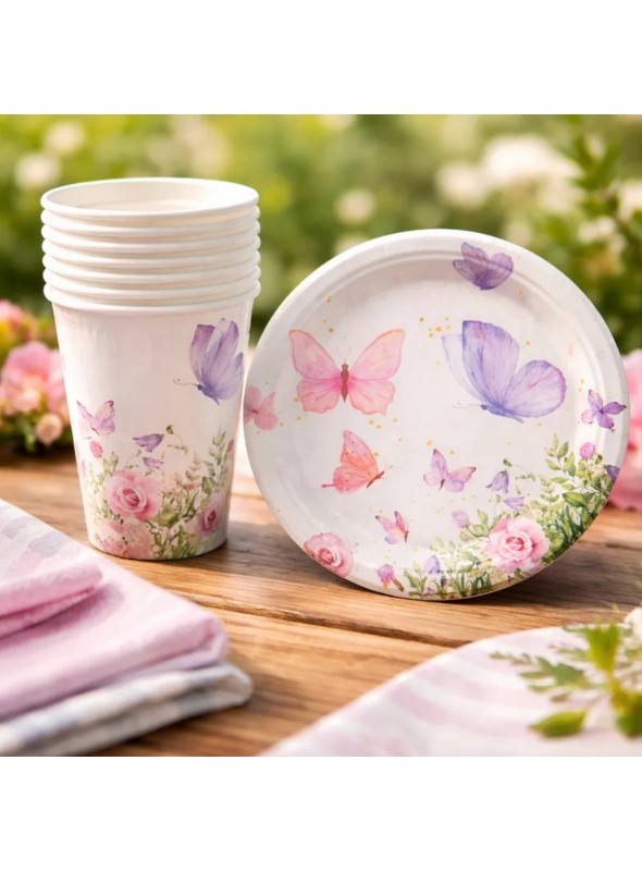 Prato E Copo De Papel Jardim das Borboletas 8 Pratos 8 Copos Descartáveis
