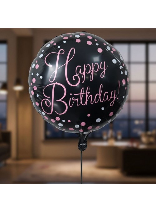 Balão Metalizado Happy Birthday Bolinhas Preto 18 Pol 45cm