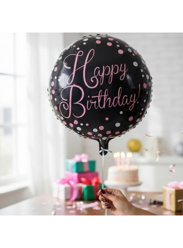 Balão Metalizado Happy Birthday Bolinhas Preto 18 Pol 45cm