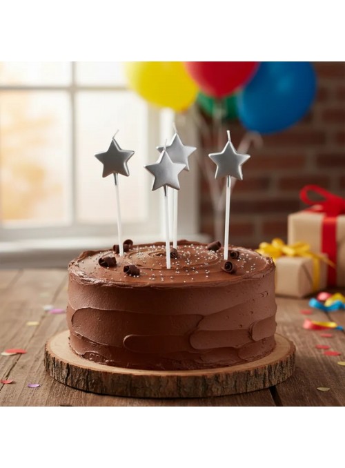 Vela de Aniversário Estrela Prata 13,5cm Silver Festas 4 Unidades