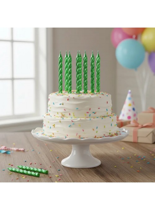 Velas de Bolo Aniversário Espiral Verde Metalizada Silver Festas 8 unidades