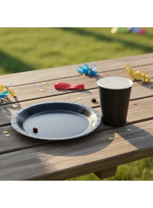 Kit Prato e Copo de Papel Descartáveis de Festa Preto Silver Festas - 10 unidades de cada