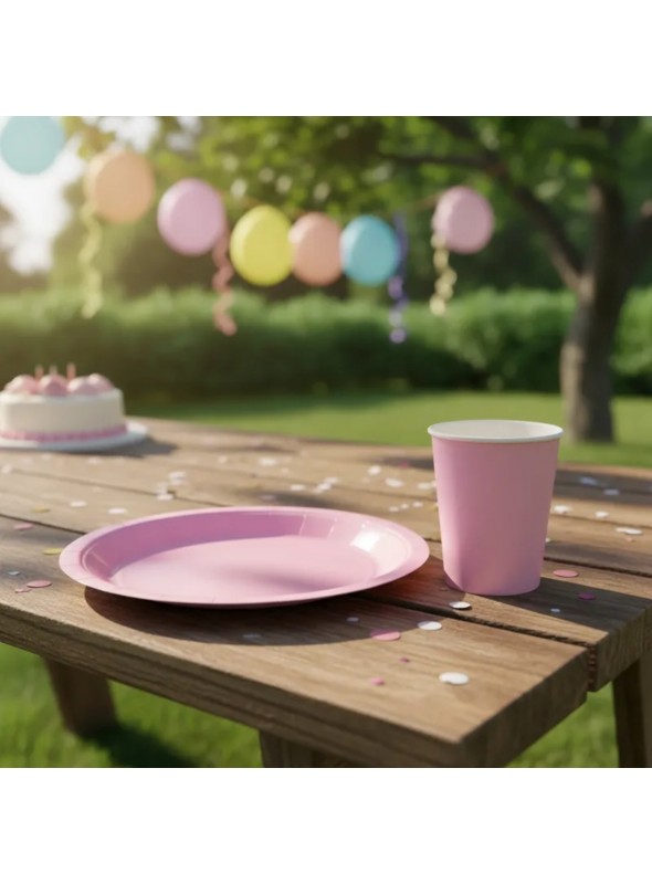 Kit Prato e Copo de Papel Descartáveis de Festa Rosa Claro Silver Festas - 10 unidades de cada