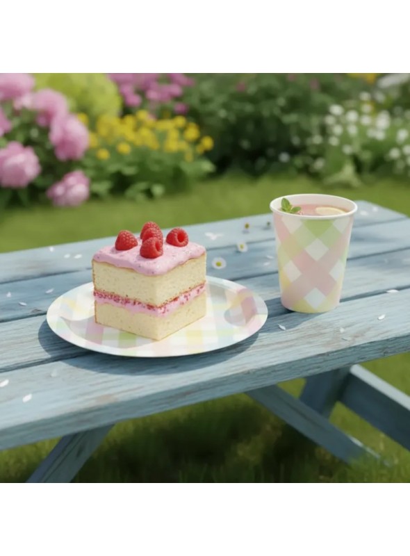 Prato e Copo de Papel Xadrez Colorido Candy Silver Festas 10 Unidades de Cada