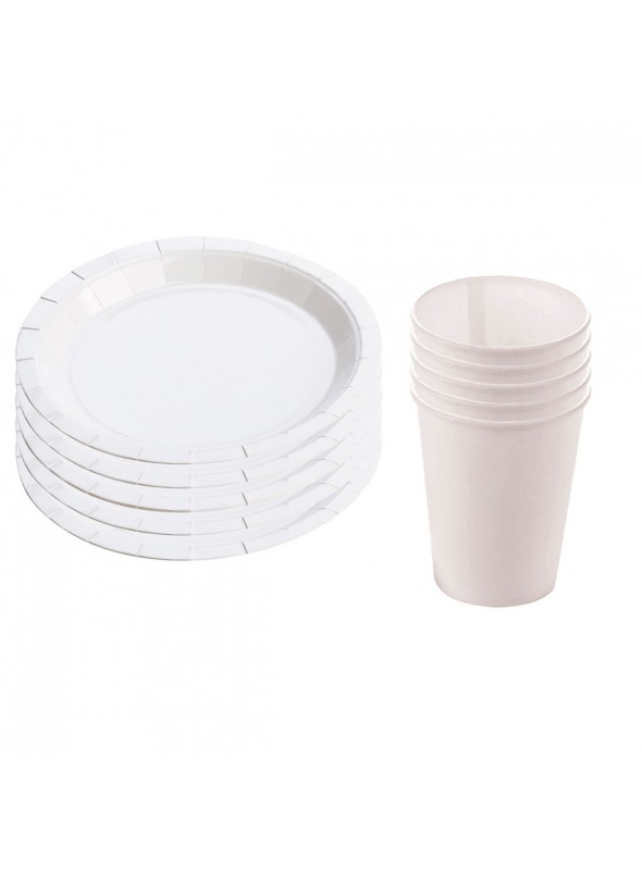 Kit Prato e Copo de Papel Descartáveis de Festa Branco Silver Festas - 10 unidades de cada