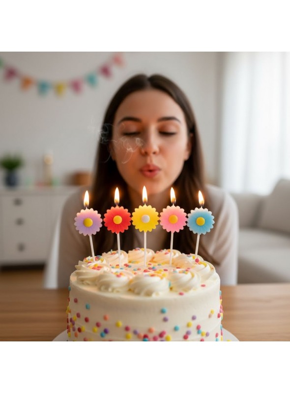 Vela De Aniversário Margaridas Coloridas Com 5 Und