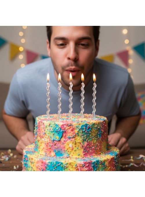 Vela De Aniversário Palito Ondulada Prata Metalizada 6 Und