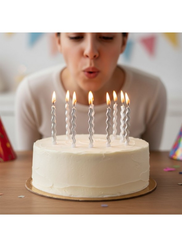 Vela De Aniversário Palito Ondulada Prata Metalizada 6 Und