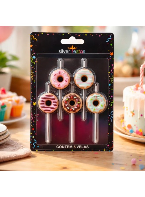 Vela Aniversário Formato Donuts Kit Com 5 Und Para Bolo