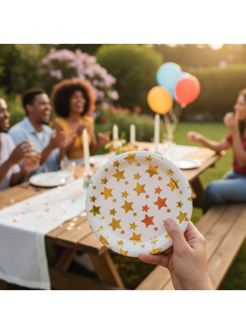 Prato De Papel Estrelas Douradas Metalizadas 18cm 8 Unid