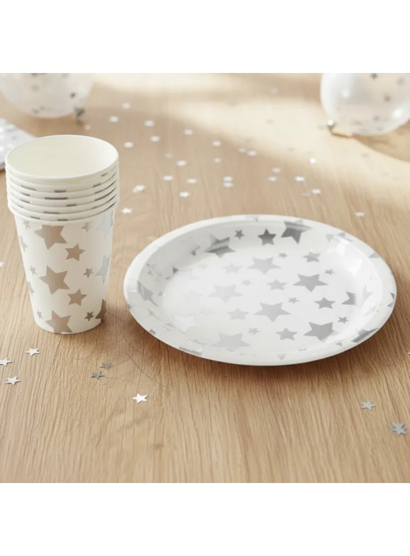 Prato E Copo De Papel Estrelas Prata Metalizada 8 Und Cada