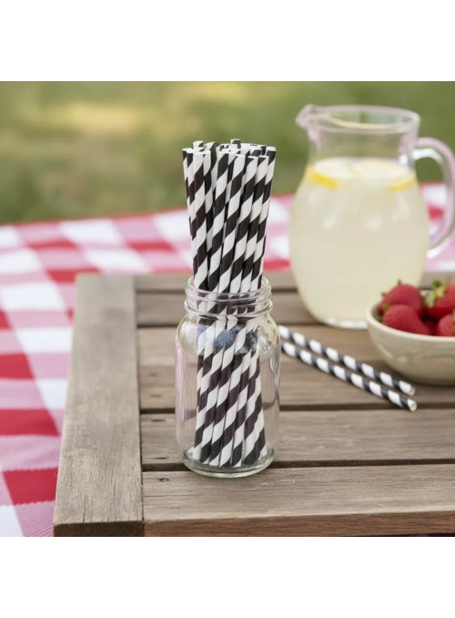 Canudos de Papel Listras Preto e Branco Silver Festas 20 Unidades