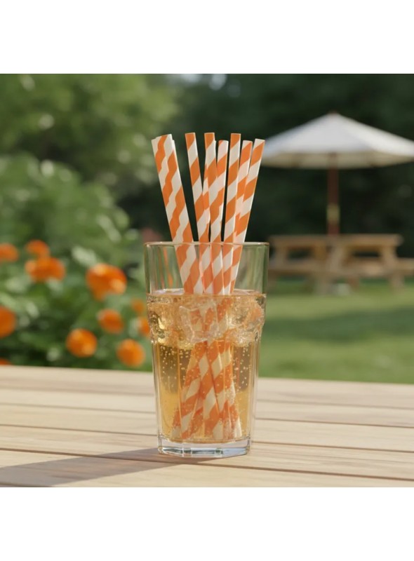 Canudos de Papel Listras Laranja e Branco Silver Festas 12 Unidades