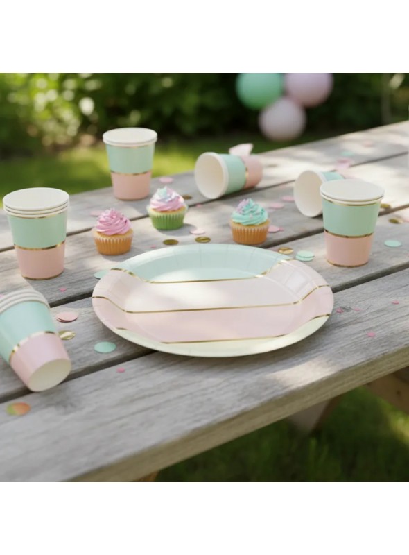 Pratos Descartáveis de Papel Listras Degradê Dourado - 10 unidades