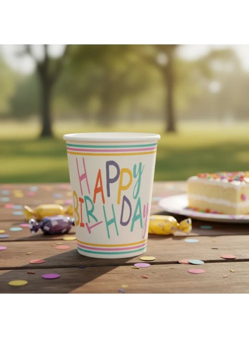Copos Descartáveis De Papel Happy Birthday Colorido 10 Und