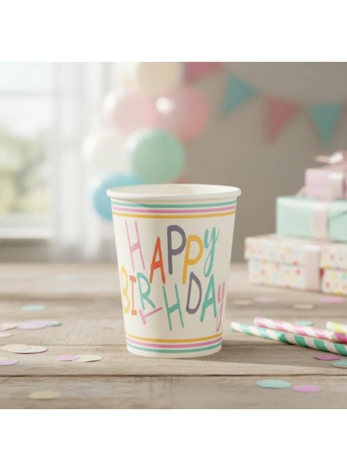 Copos Descartáveis De Papel Happy Birthday Colorido 10 Und