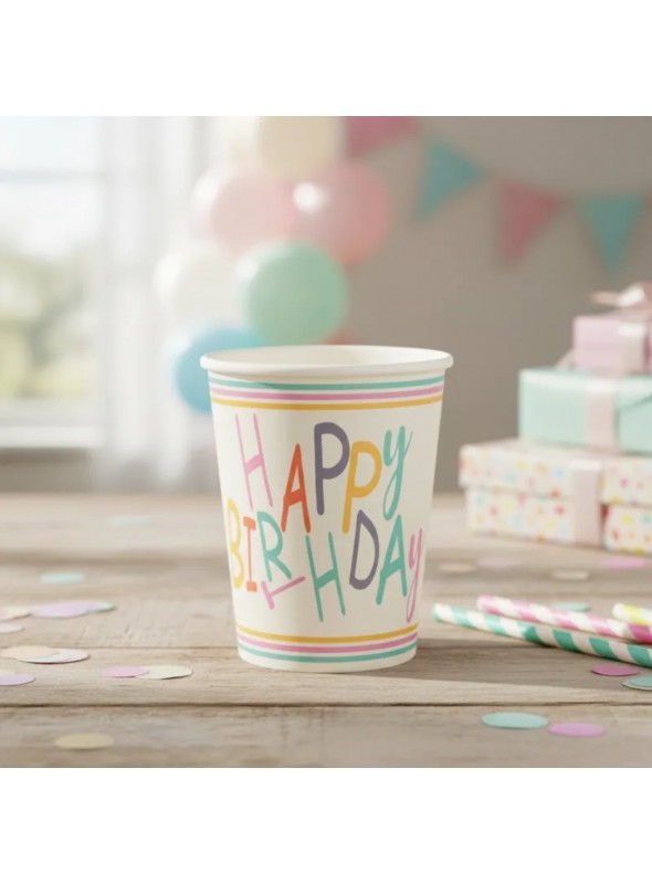 Copos Descartáveis De Papel Happy Birthday Colorido 10 Und