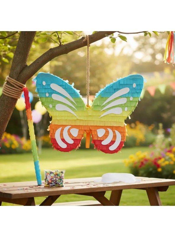 Pinhata Borboleta Colorida Com Bastão Máscara E Confetes