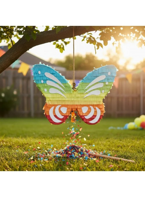 Pinhata Borboleta Colorida Com Bastão Máscara E Confetes