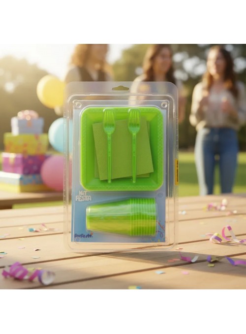 Kit Festa 10 Pessoas Descartáveis Verde Neon Prato Copo Garfo Guardanapo