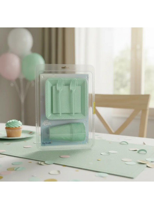 Kit Festa 10 Pessoas Descartáveis Verde Candy Prato Copo Garfo Guardanapo