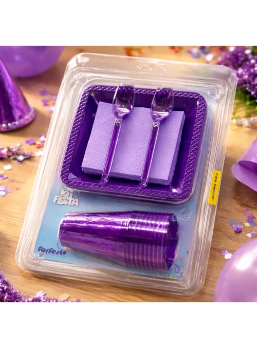 Kit Festa 10 Pessoas Descartáveis Roxo Prato Copo Garfo Guardanapo