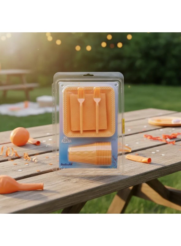 Kit Festa 10 Pessoas Descartáveis Laranja Candy Prato Copo Garfo Guardanapo