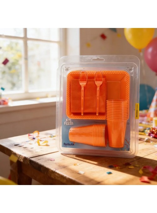 Kit Festa 10 Pessoas Descartáveis Laranja Prato Copo Garfo Guardanapo