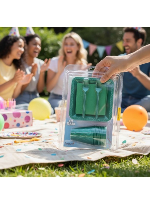 Kit Festa 10 Pessoas Descartáveis Verde Perolado Prato Copo Garfo Guardanapo