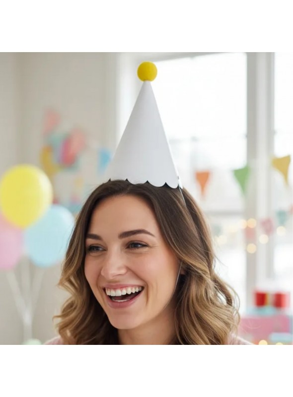 Chapéu de Aniversário Chapeuzinho Branco Multicolorido Mesa Festa 5 Unidades